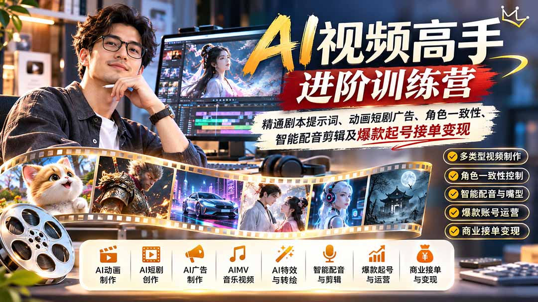 图片[1]瀚萌资源网-网赚网-网赚项目网-虚拟资源网-国学资源网-易学资源网-本站有全网最新网赚项目-易学课程资源-中医课程资源的在线下载网站！（21174期）AI视频高手进阶训练营：精通剧本提示词、动画短剧广告、角色一致性、智能配音剪辑及爆款起号接单变现瀚萌资源网-网赚网-网赚项目网-虚拟资源网-国学资源网-易学资源网-本站有全网最新网赚项目-易学课程资源-中医课程资源的在线下载网站！瀚萌资源网
