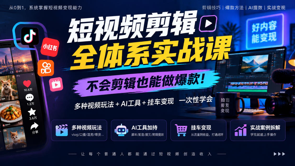 短视频剪辑全体系实战课，不会剪辑也能做爆款，多种视频玩法+AI工具+挂车变现一次性学瀚萌资源网-网赚网-网赚项目网-虚拟资源网-国学资源网-易学资源网-本站有全网最新网赚项目-易学课程资源-中医课程资源的在线下载网站！瀚萌资源网