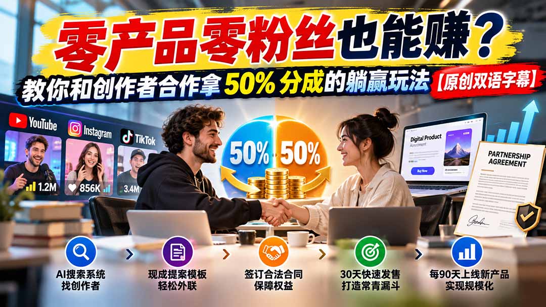 （20957期）零产品零粉丝也能赚？教你和创作者合作拿 50% 分成的躺赢玩法【原创双语字幕】瀚萌资源网-网赚网-网赚项目网-虚拟资源网-国学资源网-易学资源网-本站有全网最新网赚项目-易学课程资源-中医课程资源的在线下载网站！瀚萌资源网
