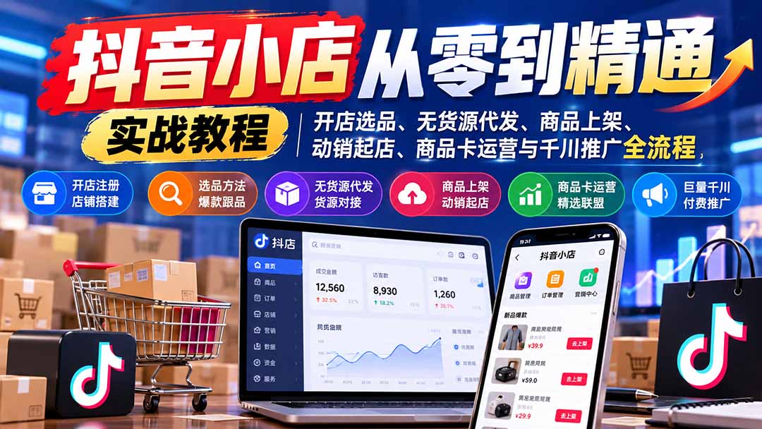 （21264期）抖音小店从零到精通实战教程：开店选品、无货源代发、商品上架、动销起店、商品卡运营与千川推广全流程瀚萌资源网-网赚网-网赚项目网-虚拟资源网-国学资源网-易学资源网-本站有全网最新网赚项目-易学课程资源-中医课程资源的在线下载网站！瀚萌资源网