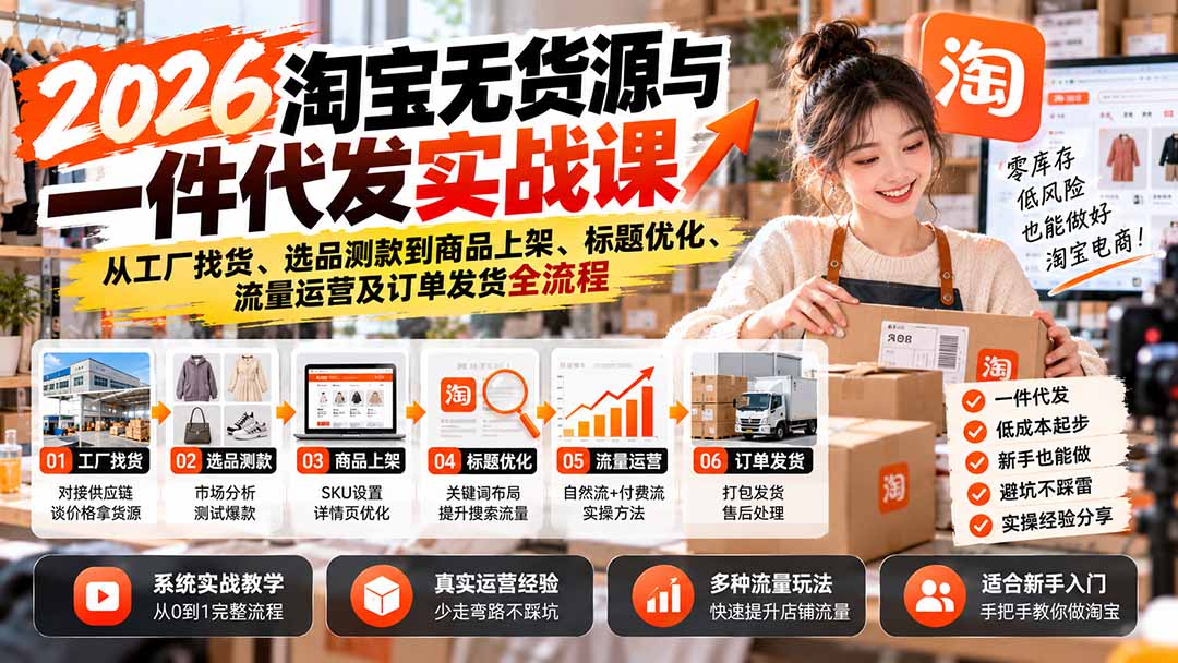 （20903期）2026淘宝无货源与一件代发实战课：从工厂找货、选品测款到商品上架、标题优化、流量运营及订单发货全流程瀚萌资源网-网赚网-网赚项目网-虚拟资源网-国学资源网-易学资源网-本站有全网最新网赚项目-易学课程资源-中医课程资源的在线下载网站！瀚萌资源网