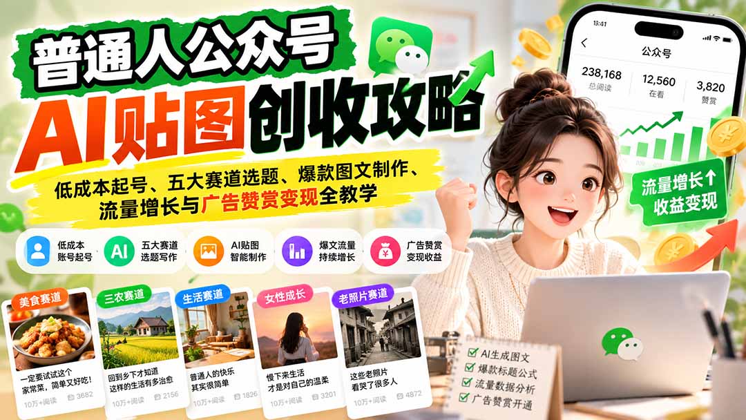 （20972期）普通人公众号AI贴图创收攻略：低成本起号、五大赛道选题、爆款图文制作、流量增长与广告赞赏变现全教学瀚萌资源网-网赚网-网赚项目网-虚拟资源网-国学资源网-易学资源网-本站有全网最新网赚项目-易学课程资源-中医课程资源的在线下载网站！瀚萌资源网