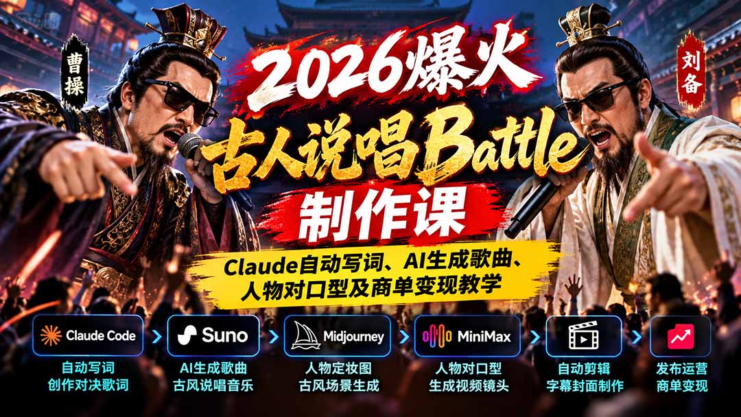 （21059期）2026爆火古人说唱Battle制作课：Claude自动写词、AI生成歌曲、人物对口型及商单变现教学瀚萌资源网-网赚网-网赚项目网-虚拟资源网-国学资源网-易学资源网-本站有全网最新网赚项目-易学课程资源-中医课程资源的在线下载网站！瀚萌资源网