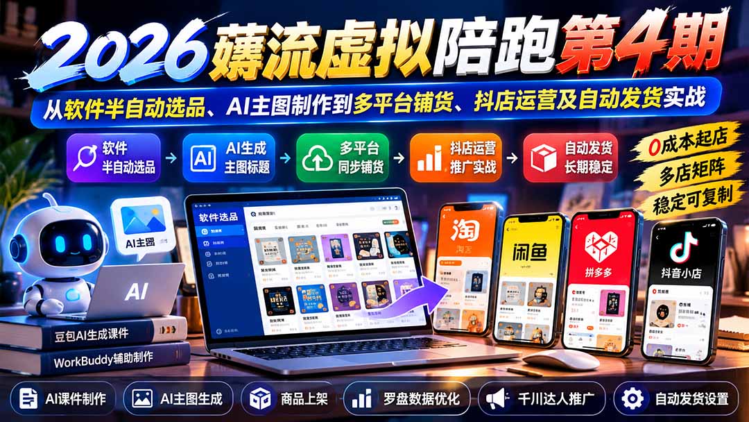 （20986期）2026薅流虚拟陪跑第4期：从软件半自动选品、AI主图制作到多平台铺货、抖店运营及自动发货实战瀚萌资源网-网赚网-网赚项目网-虚拟资源网-国学资源网-易学资源网-本站有全网最新网赚项目-易学课程资源-中医课程资源的在线下载网站！瀚萌资源网