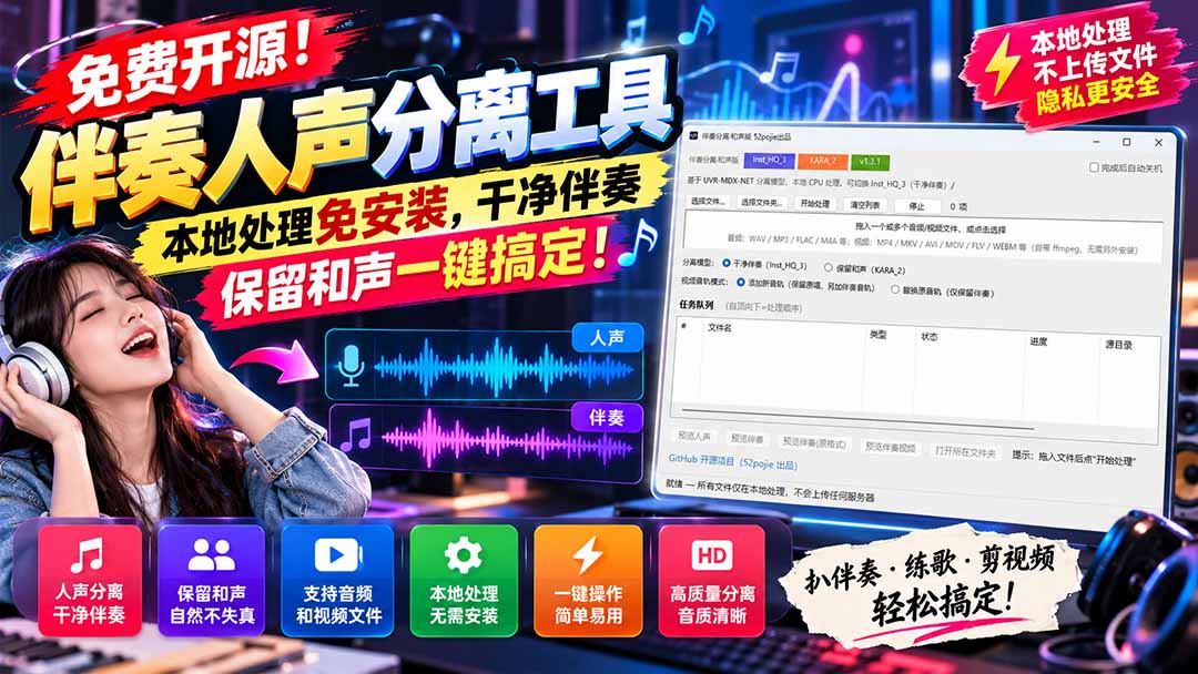（21198期）免费开源！伴奏人声分离工具，本地处理免安装，干净伴奏，保留和声一键搞定！瀚萌资源网-网赚网-网赚项目网-虚拟资源网-国学资源网-易学资源网-本站有全网最新网赚项目-易学课程资源-中医课程资源的在线下载网站！瀚萌资源网