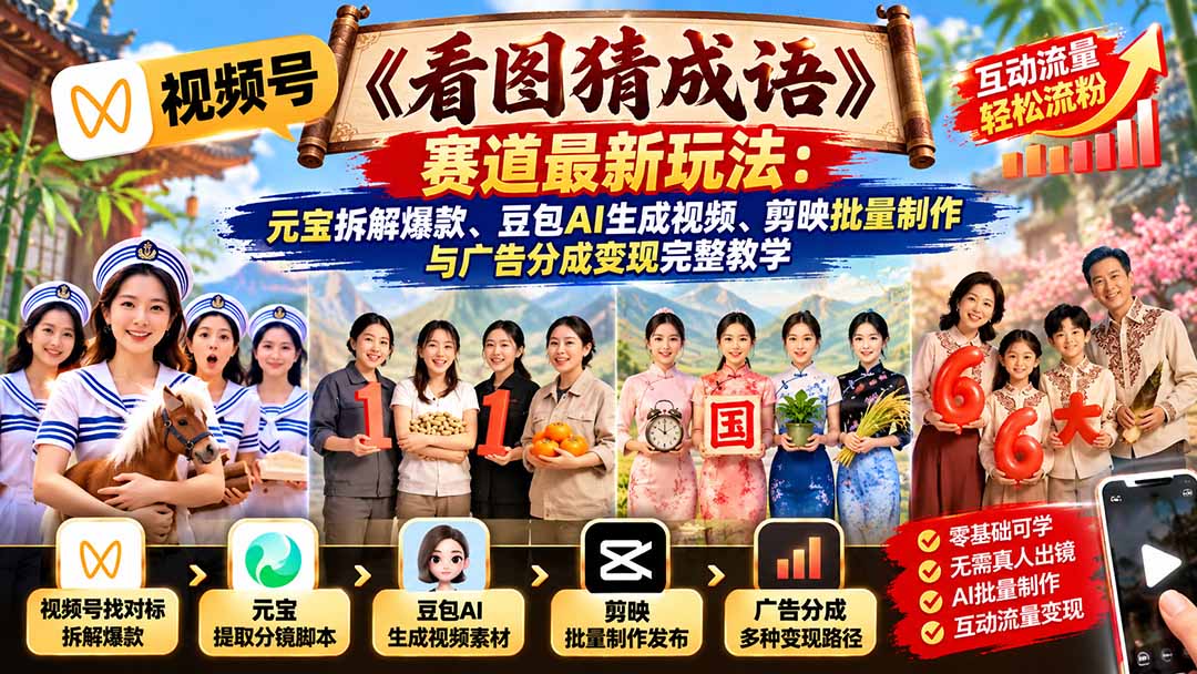 （21060期）视频号《看图猜成语》赛道最新玩法：元宝拆解爆款、豆包AI生成视频、剪映批量制作与广告分成变现完整教学瀚萌资源网-网赚网-网赚项目网-虚拟资源网-国学资源网-易学资源网-本站有全网最新网赚项目-易学课程资源-中医课程资源的在线下载网站！瀚萌资源网