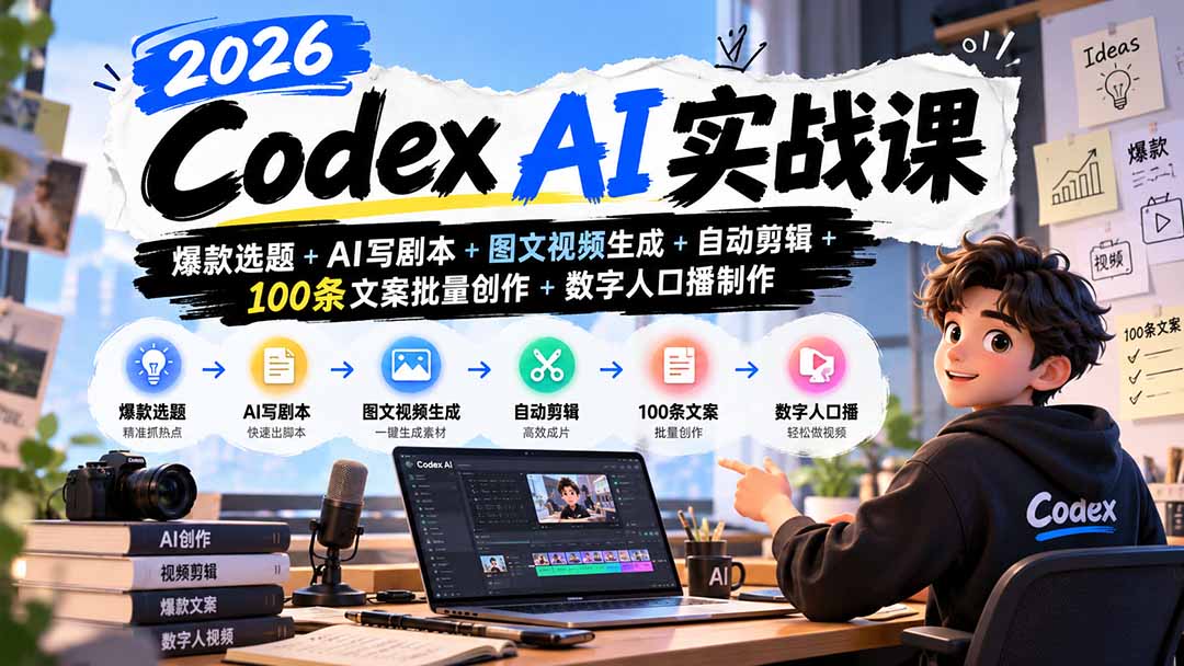 （20899期）2026Codex AI实战课：爆款选题+AI写剧本+图文视频生成+自动剪辑+100条文案批量创作+数字人口播制作瀚萌资源网-网赚网-网赚项目网-虚拟资源网-国学资源网-易学资源网-本站有全网最新网赚项目-易学课程资源-中医课程资源的在线下载网站！瀚萌资源网