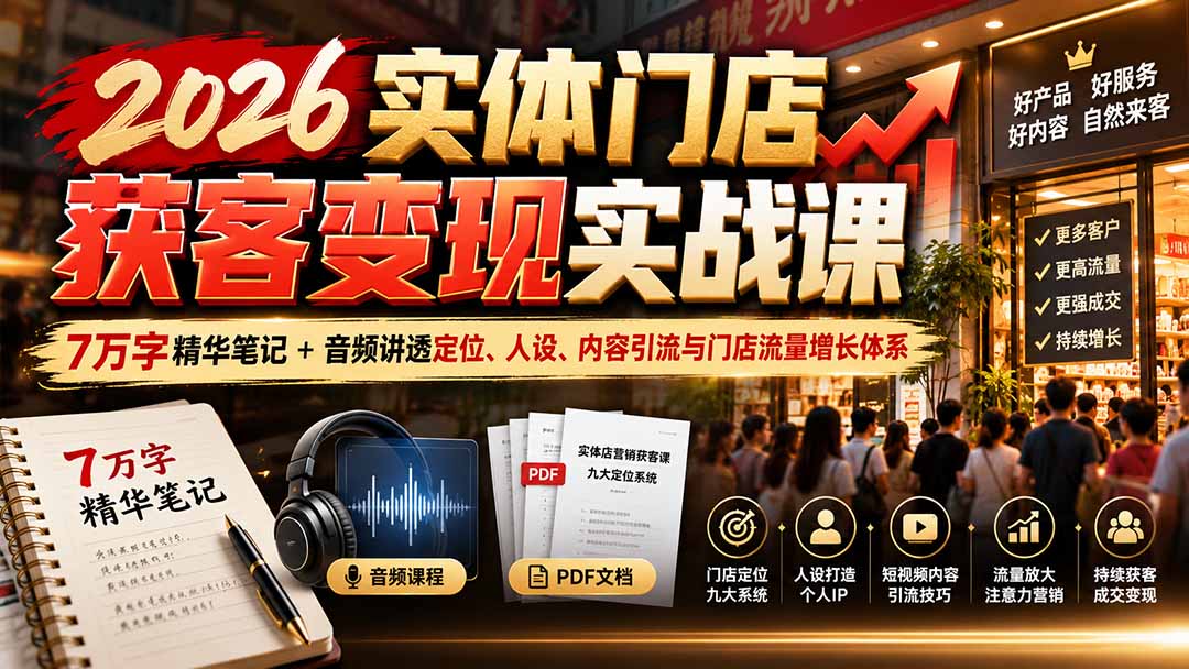 （20832期）2026实体门店获客变现实战课：7万字精华笔记+音频讲透定位、人设、内容引流与门店流量增长体系瀚萌资源网-网赚网-网赚项目网-虚拟资源网-国学资源网-易学资源网-本站有全网最新网赚项目-易学课程资源-中医课程资源的在线下载网站！瀚萌资源网