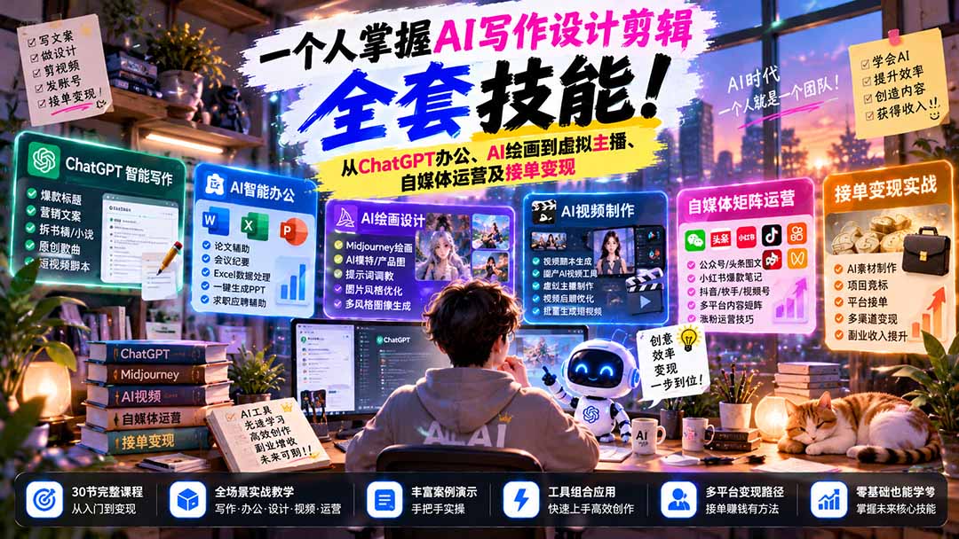 （21029期）一个人掌握AI写作设计剪辑全套技能：从ChatGPT办公、AI绘画到虚拟主播、自媒体运营及接单变现瀚萌资源网-网赚网-网赚项目网-虚拟资源网-国学资源网-易学资源网-本站有全网最新网赚项目-易学课程资源-中医课程资源的在线下载网站！瀚萌资源网