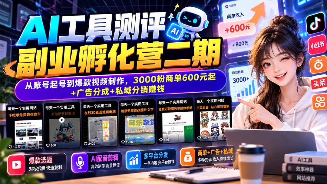（20799期）AI工具测评副业孵化营二期：从账号起号到爆款视频制作，3000粉商单600元起+广告分成+私域分销赚钱瀚萌资源网-网赚网-网赚项目网-虚拟资源网-国学资源网-易学资源网-本站有全网最新网赚项目-易学课程资源-中医课程资源的在线下载网站！瀚萌资源网