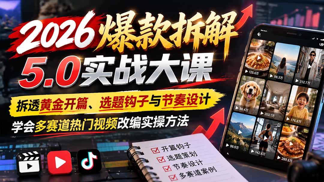 （21110期）2026爆款拆解5.0实战大课：拆透黄金开篇、选题钩子与节奏设计，学会多赛道热门视频改编实操方法瀚萌资源网-网赚网-网赚项目网-虚拟资源网-国学资源网-易学资源网-本站有全网最新网赚项目-易学课程资源-中医课程资源的在线下载网站！瀚萌资源网