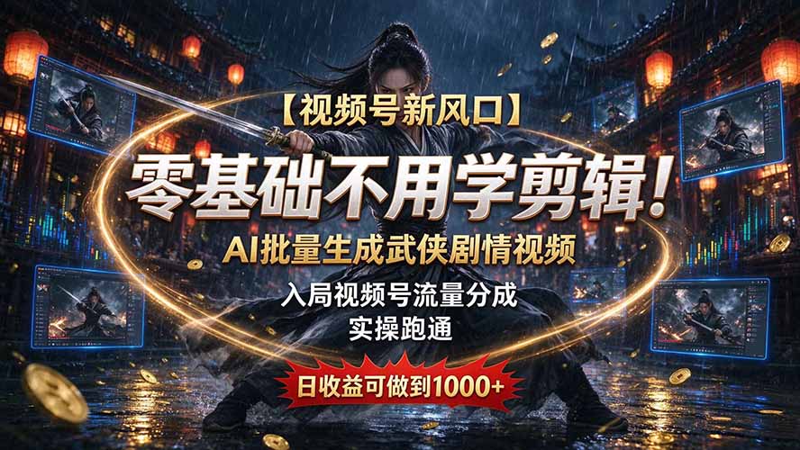 （20780期）【视频号新风口】零基础不用学剪辑！AI 批量生成武侠剧情视频，入局视频号流量分成，实操跑通，日收益可做到 1000+瀚萌资源网-网赚网-网赚项目网-虚拟资源网-国学资源网-易学资源网-本站有全网最新网赚项目-易学课程资源-中医课程资源的在线下载网站！瀚萌资源网