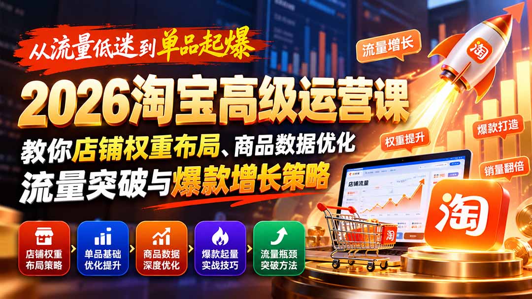 图片[1]瀚萌资源网-网赚网-网赚项目网-虚拟资源网-国学资源网-易学资源网-本站有全网最新网赚项目-易学课程资源-中医课程资源的在线下载网站！（20952期）从流量低迷到单品起爆：2026淘宝高级运营课教你店铺权重布局、商品数据优化、流量突破与爆款增长策略瀚萌资源网-网赚网-网赚项目网-虚拟资源网-国学资源网-易学资源网-本站有全网最新网赚项目-易学课程资源-中医课程资源的在线下载网站！瀚萌资源网