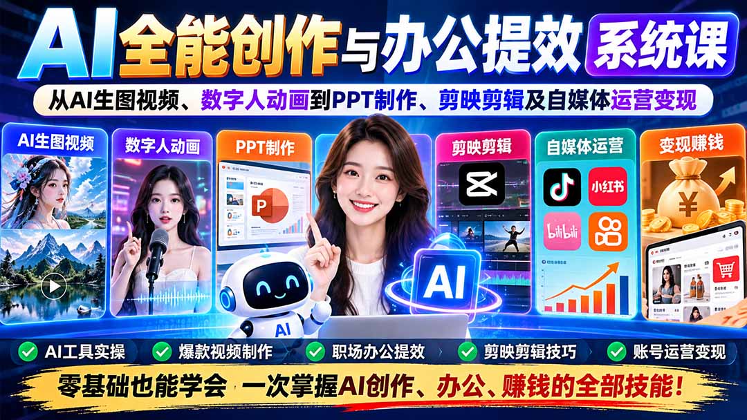 （20885期）AI全能创作与办公提效系统课：从AI生图视频、数字人动画到PPT制作、剪映剪辑及自媒体运营变现瀚萌资源网-网赚网-网赚项目网-虚拟资源网-国学资源网-易学资源网-本站有全网最新网赚项目-易学课程资源-中医课程资源的在线下载网站！瀚萌资源网