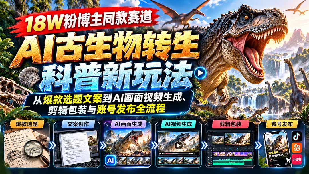 （20833期）18W粉博主同款赛道-AI古生物转生科普新玩法：从爆款选题文案到AI画面视频生成、剪辑包装与账号发布全流程瀚萌资源网-网赚网-网赚项目网-虚拟资源网-国学资源网-易学资源网-本站有全网最新网赚项目-易学课程资源-中医课程资源的在线下载网站！瀚萌资源网