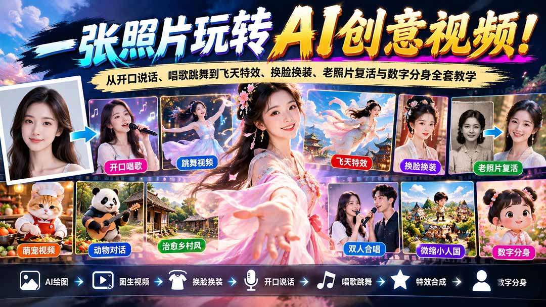 （21202期）一张照片玩转AI创意视频！从开口说话、唱歌跳舞到飞天特效、换脸换装、老照片复活与数字分身全套教学瀚萌资源网-网赚网-网赚项目网-虚拟资源网-国学资源网-易学资源网-本站有全网最新网赚项目-易学课程资源-中医课程资源的在线下载网站！瀚萌资源网