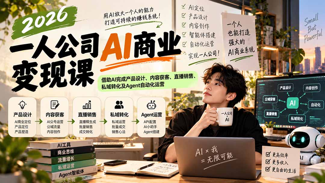 （20901期）2026一人公司AI商业变现课：借助AI完成产品设计、内容获客、直播销售、私域转化及Agent自动化运营瀚萌资源网-网赚网-网赚项目网-虚拟资源网-国学资源网-易学资源网-本站有全网最新网赚项目-易学课程资源-中医课程资源的在线下载网站！瀚萌资源网