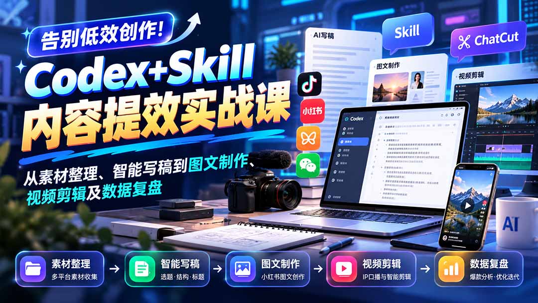 （20915期）【无水印】告别低效创作！Codex+Skill内容提效实战课：从素材整理、智能写稿到图文制作、视频剪辑及数据复盘瀚萌资源网-网赚网-网赚项目网-虚拟资源网-国学资源网-易学资源网-本站有全网最新网赚项目-易学课程资源-中医课程资源的在线下载网站！瀚萌资源网