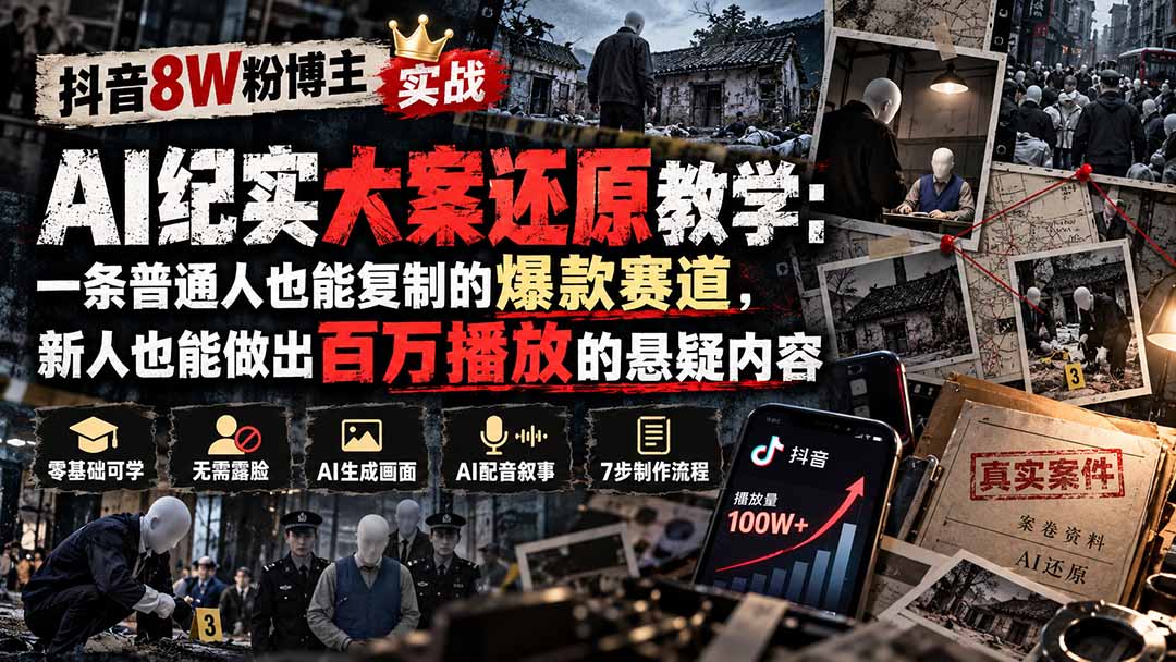 （20865期）抖音8W粉博主AI纪实大案还原教学：一条普通人也能复制的爆款赛道，新人也能做出百万播放的悬疑内容瀚萌资源网-网赚网-网赚项目网-虚拟资源网-国学资源网-易学资源网-本站有全网最新网赚项目-易学课程资源-中医课程资源的在线下载网站！瀚萌资源网