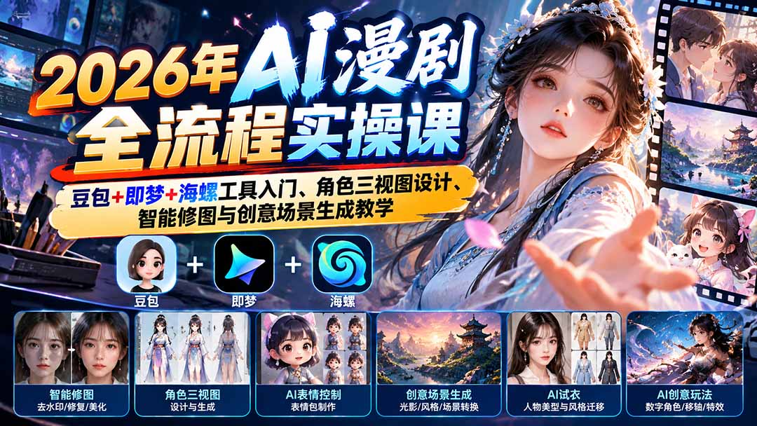 （21077期）2026年AI漫剧全流程实操课：豆包+即梦+海螺工具入门、角色三视图设计、智能修图与创意场景生成教学瀚萌资源网-网赚网-网赚项目网-虚拟资源网-国学资源网-易学资源网-本站有全网最新网赚项目-易学课程资源-中医课程资源的在线下载网站！瀚萌资源网