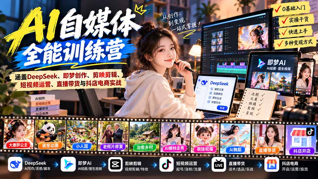 （21201期）【无水印】AI+自媒体全能训练营：涵盖DeepSeek、即梦创作、剪映剪辑、短视频运营、直播带货与抖店电商实战瀚萌资源网-网赚网-网赚项目网-虚拟资源网-国学资源网-易学资源网-本站有全网最新网赚项目-易学课程资源-中医课程资源的在线下载网站！瀚萌资源网