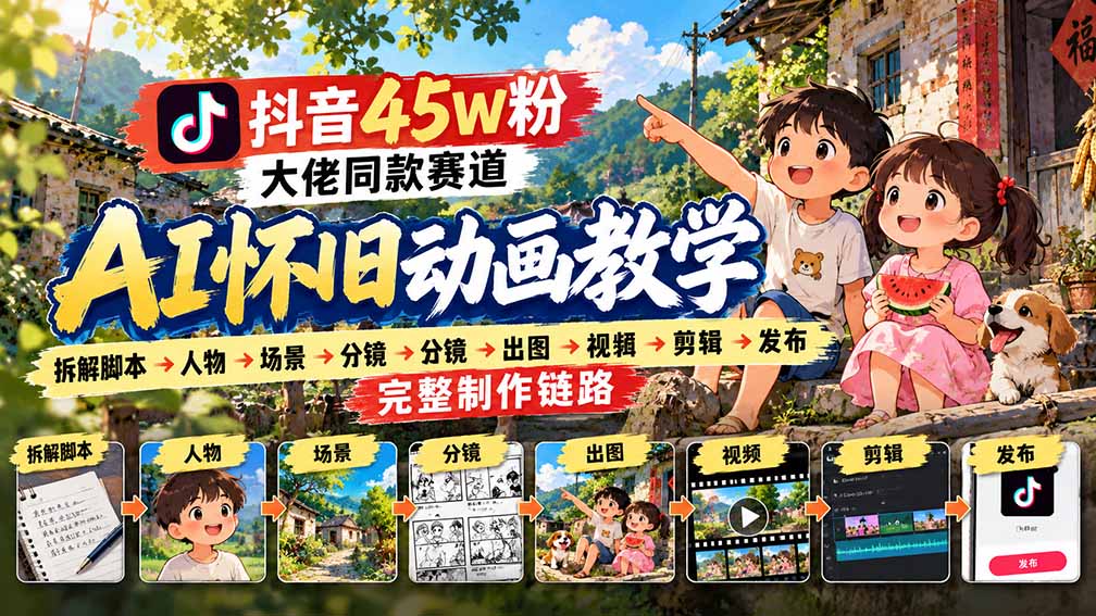 （20781期）抖音45W粉大佬同款赛道AI怀旧动画教学：拆解脚本→人物→场景→分镜→出图→视频→剪辑→发布完整制作链路瀚萌资源网-网赚网-网赚项目网-虚拟资源网-国学资源网-易学资源网-本站有全网最新网赚项目-易学课程资源-中医课程资源的在线下载网站！瀚萌资源网