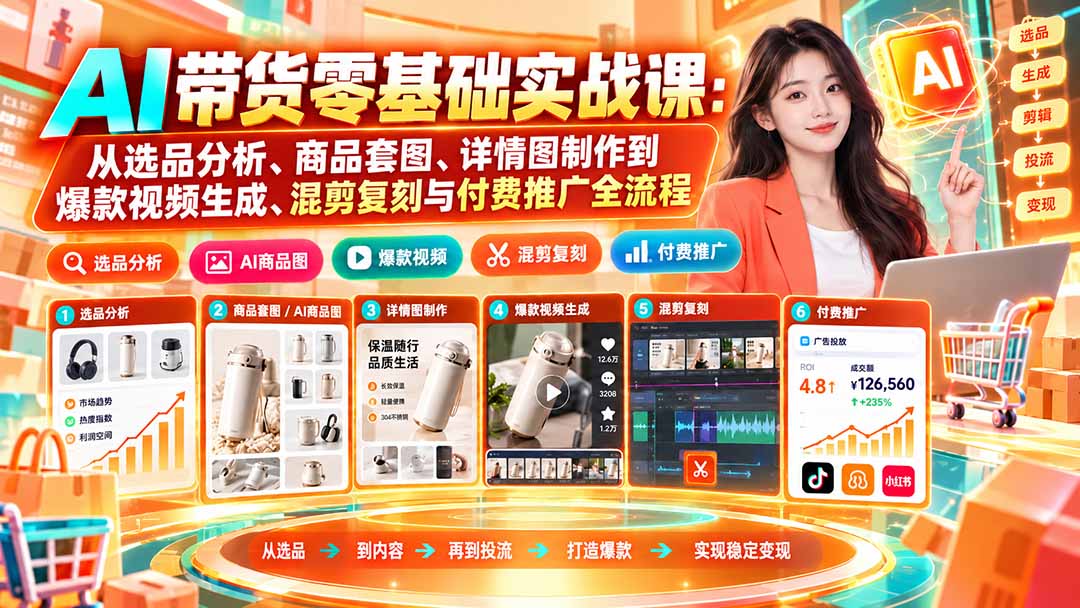 （20856期）AI带货零基础实战课：从选品分析、商品套图、详情图制作到爆款视频生成、混剪复刻与付费推广全流程瀚萌资源网-网赚网-网赚项目网-虚拟资源网-国学资源网-易学资源网-本站有全网最新网赚项目-易学课程资源-中医课程资源的在线下载网站！瀚萌资源网