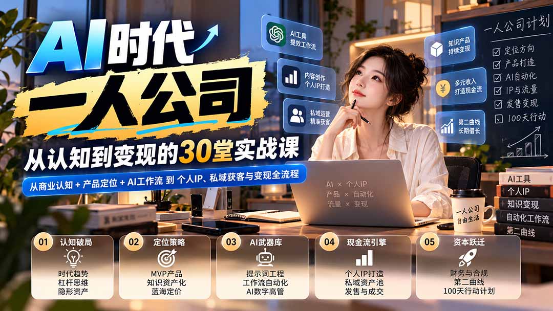 （20847期）【无水印】AI时代一人公司30堂实战课：从商业认知+产品定位+AI工作流到个人IP、私域获客与变现全流程瀚萌资源网-网赚网-网赚项目网-虚拟资源网-国学资源网-易学资源网-本站有全网最新网赚项目-易学课程资源-中医课程资源的在线下载网站！瀚萌资源网