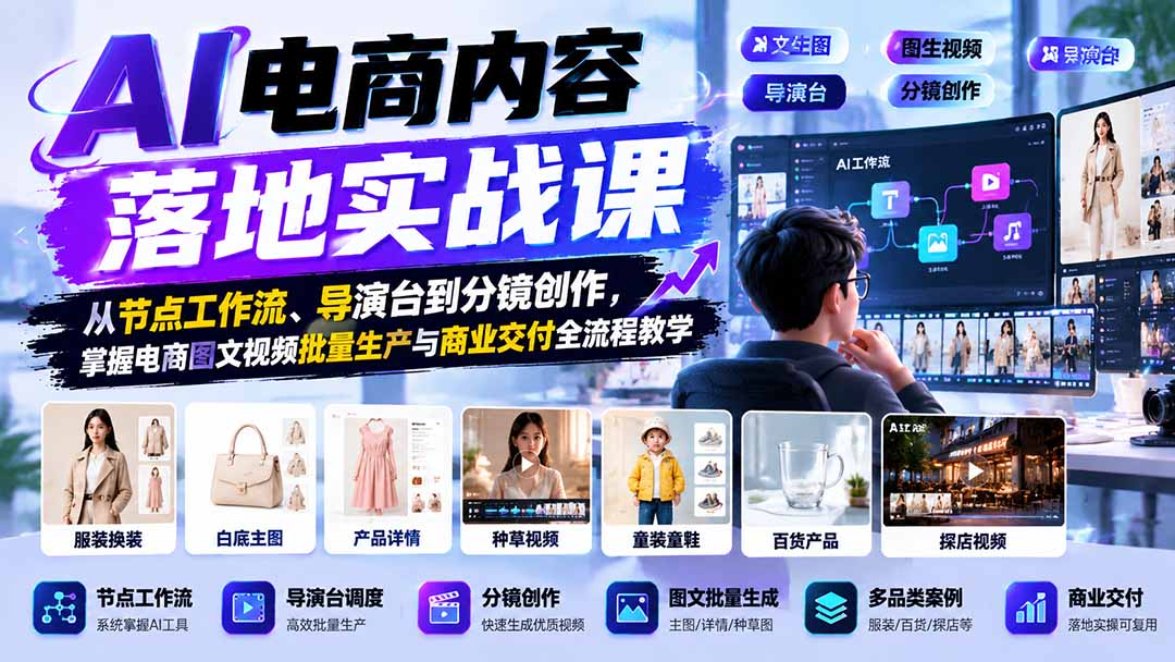 （21136期）AI电商内容落地实战课：从节点工作流、导演台到分镜创作，掌握电商图文视频批量生产与商业交付全流程教学瀚萌资源网-网赚网-网赚项目网-虚拟资源网-国学资源网-易学资源网-本站有全网最新网赚项目-易学课程资源-中医课程资源的在线下载网站！瀚萌资源网