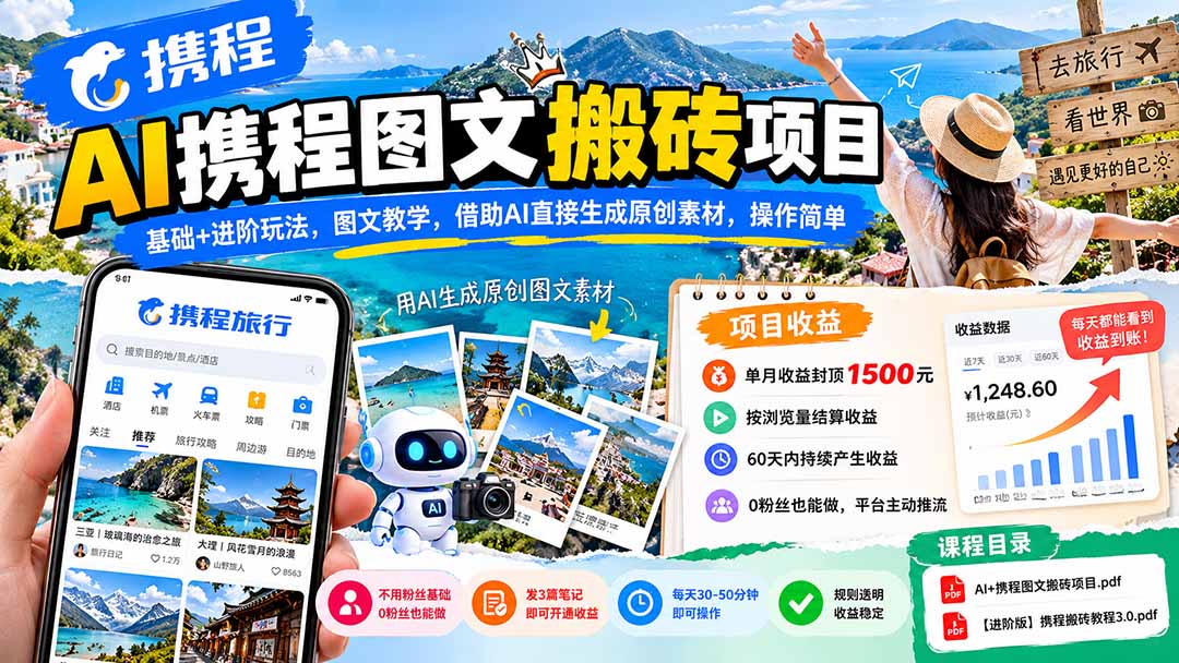 （21180期）AI携程图文搬砖项目，基础+进阶玩法，图文教学，借助AI直接生成原创素材，操作简单瀚萌资源网-网赚网-网赚项目网-虚拟资源网-国学资源网-易学资源网-本站有全网最新网赚项目-易学课程资源-中医课程资源的在线下载网站！瀚萌资源网