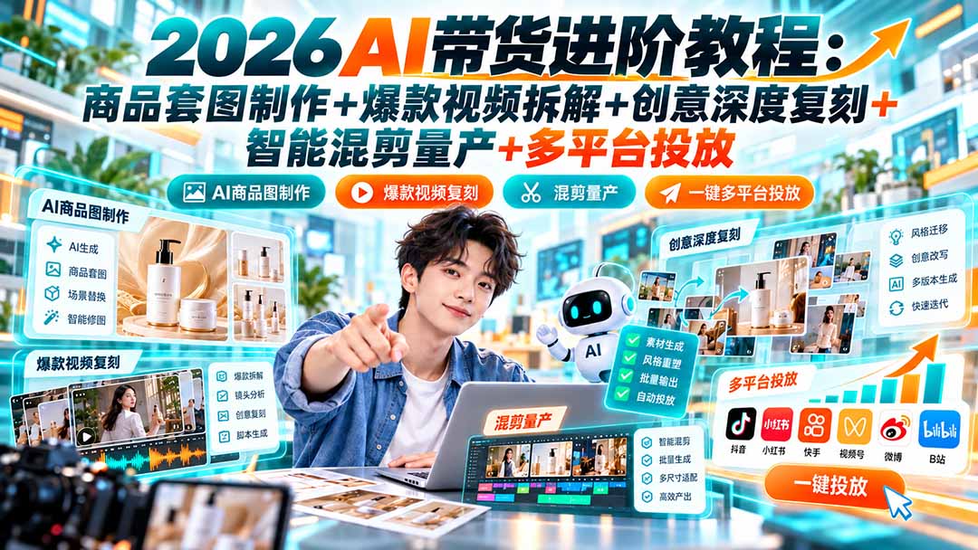 （20857期）2026AI带货进阶教程：商品套图制作+爆款视频拆解+创意深度复刻+智能混剪量产+多平台投放瀚萌资源网-网赚网-网赚项目网-虚拟资源网-国学资源网-易学资源网-本站有全网最新网赚项目-易学课程资源-中医课程资源的在线下载网站！瀚萌资源网