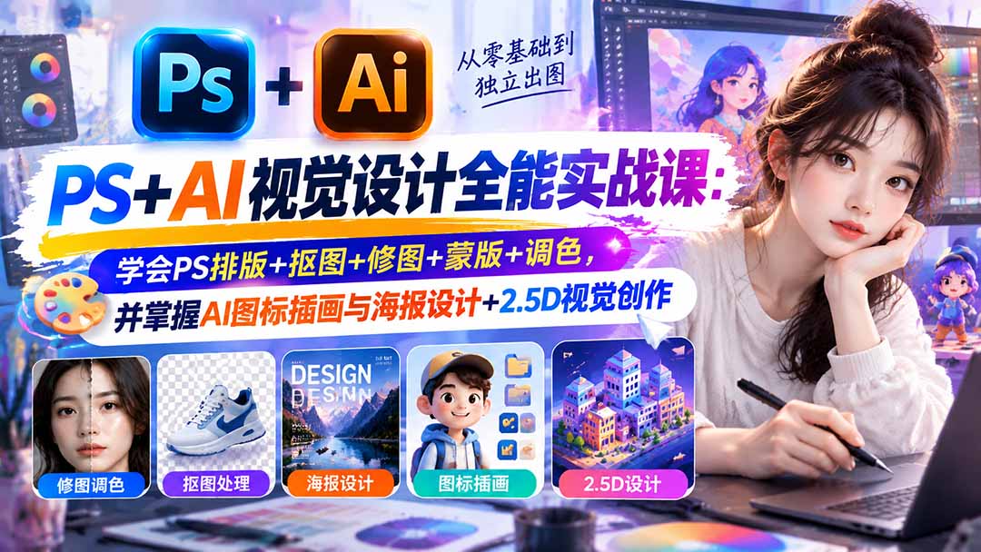 （20749期）【无水印】PS+AI视觉设计全能实战课：学会PS排版+抠图+修图+蒙版+调色，并掌握AI图标插画与海报设计+2.5D视觉创作瀚萌资源网-网赚网-网赚项目网-虚拟资源网-国学资源网-易学资源网-本站有全网最新网赚项目-易学课程资源-中医课程资源的在线下载网站！瀚萌资源网