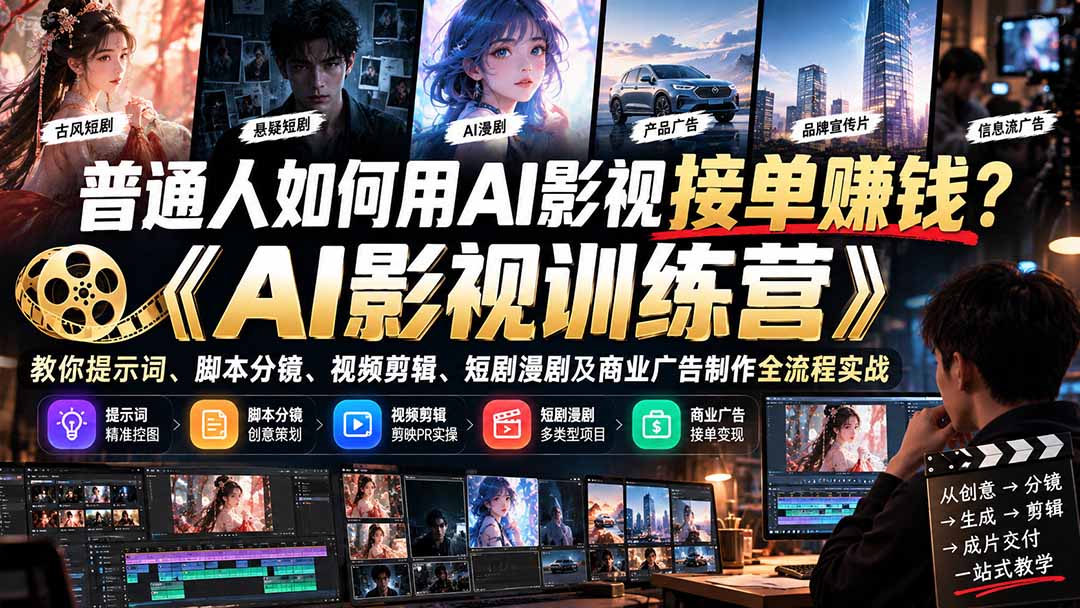 （21230期）普通人如何用AI影视接单赚钱？《AI影视训练营》教你提示词、脚本分镜、视频剪辑、短剧漫剧及商业广告制作全流程实战瀚萌资源网-网赚网-网赚项目网-虚拟资源网-国学资源网-易学资源网-本站有全网最新网赚项目-易学课程资源-中医课程资源的在线下载网站！瀚萌资源网