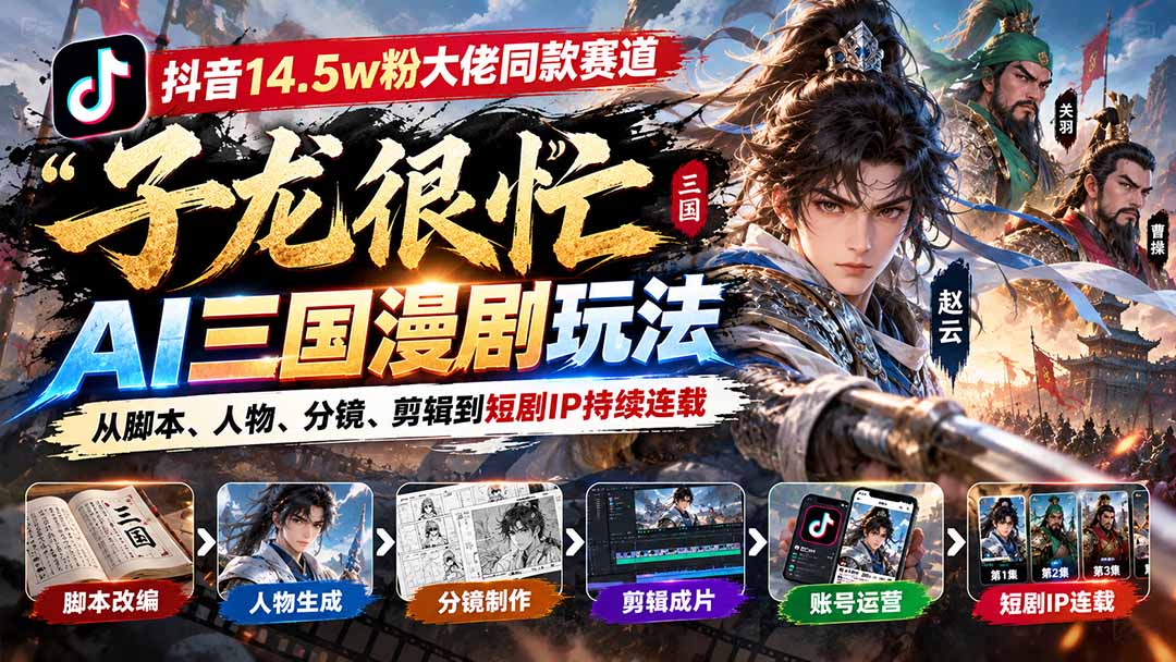 （20818期）抖音14.5w粉大佬同款赛道「子龙很忙」AI三国漫剧玩法：从脚本、人物、分镜、剪辑到短剧IP持续连载瀚萌资源网-网赚网-网赚项目网-虚拟资源网-国学资源网-易学资源网-本站有全网最新网赚项目-易学课程资源-中医课程资源的在线下载网站！瀚萌资源网