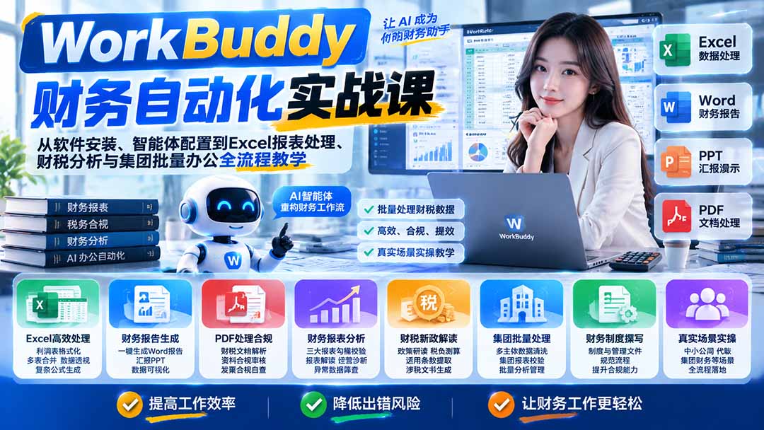 （21131期）WorkBuddy财务自动化实战课：从软件安装、智能体配置到Excel报表处理、财税分析与集团批量办公全流程教学瀚萌资源网-网赚网-网赚项目网-虚拟资源网-国学资源网-易学资源网-本站有全网最新网赚项目-易学课程资源-中医课程资源的在线下载网站！瀚萌资源网