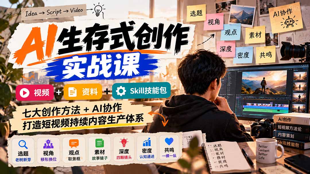 图片[1]瀚萌资源网-网赚网-网赚项目网-虚拟资源网-国学资源网-易学资源网-本站有全网最新网赚项目-易学课程资源-中医课程资源的在线下载网站！（21081期）AI生存式创作实战课：视频+资料+Skill技能包，七大创作方法+AI协作，打造短视频持续内容生产体系瀚萌资源网-网赚网-网赚项目网-虚拟资源网-国学资源网-易学资源网-本站有全网最新网赚项目-易学课程资源-中医课程资源的在线下载网站！瀚萌资源网