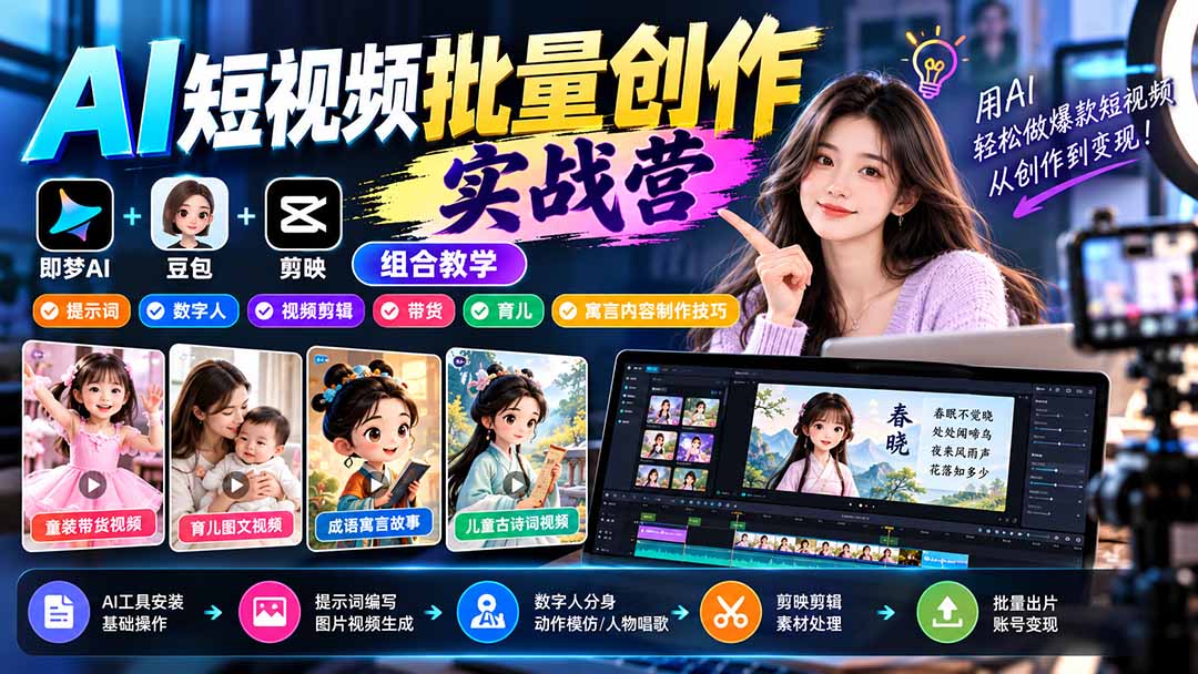 （21039期）【无水印】AI短视频批量创作实战营：即梦+豆包+剪映组合教学，提示词/数字人/视频剪辑/带货/育儿/寓言内容制作技巧瀚萌资源网-网赚网-网赚项目网-虚拟资源网-国学资源网-易学资源网-本站有全网最新网赚项目-易学课程资源-中医课程资源的在线下载网站！瀚萌资源网