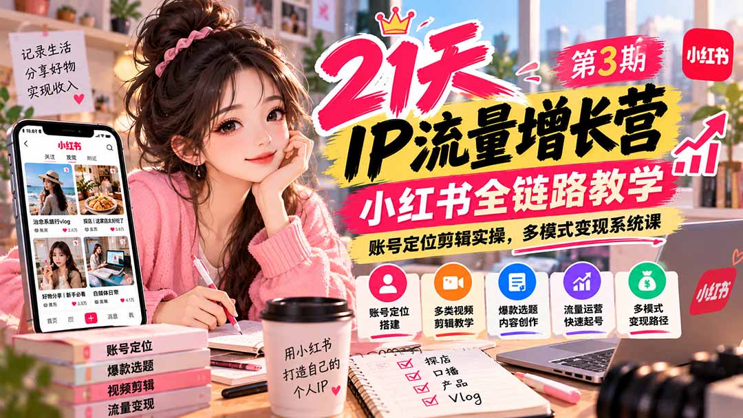 （20992期）【无水印】21天IP流量增长营-第3期，小红书全链路教学，账号定位剪辑实操，多模式变现系统课瀚萌资源网-网赚网-网赚项目网-虚拟资源网-国学资源网-易学资源网-本站有全网最新网赚项目-易学课程资源-中医课程资源的在线下载网站！瀚萌资源网