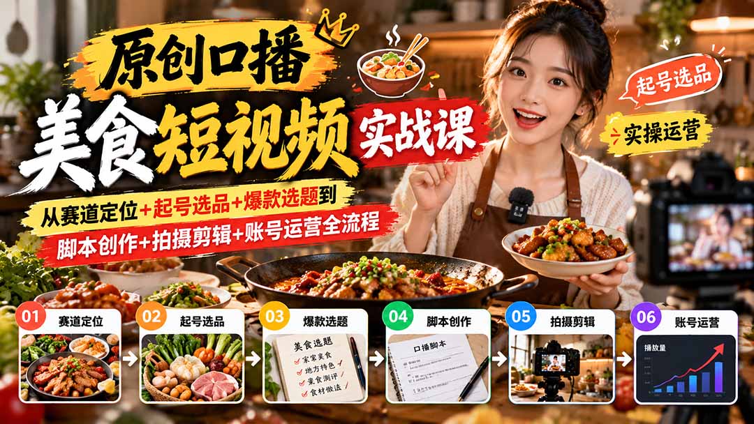 （20786期）原创口播美食短视频实战课：从赛道定位+起号选品+爆款选题到脚本创作+拍摄剪辑+账号运营全流程瀚萌资源网-网赚网-网赚项目网-虚拟资源网-国学资源网-易学资源网-本站有全网最新网赚项目-易学课程资源-中医课程资源的在线下载网站！瀚萌资源网