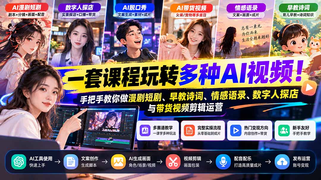 （21271期）【无水印】一套课程玩转多种AI视频！手把手教你做漫剧短剧、早教诗词、情感语录、数字人探店与带货视频剪辑运营瀚萌资源网-网赚网-网赚项目网-虚拟资源网-国学资源网-易学资源网-本站有全网最新网赚项目-易学课程资源-中医课程资源的在线下载网站！瀚萌资源网