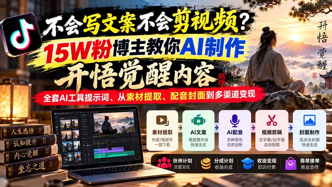 （21085期）不会写文案不会剪视频？15W粉博主教你AI制作开悟觉醒内容，全套AI工具提示词、从素材提取、配音封面到多渠道变现瀚萌资源网-网赚网-网赚项目网-虚拟资源网-国学资源网-易学资源网-本站有全网最新网赚项目-易学课程资源-中医课程资源的在线下载网站！瀚萌资源网