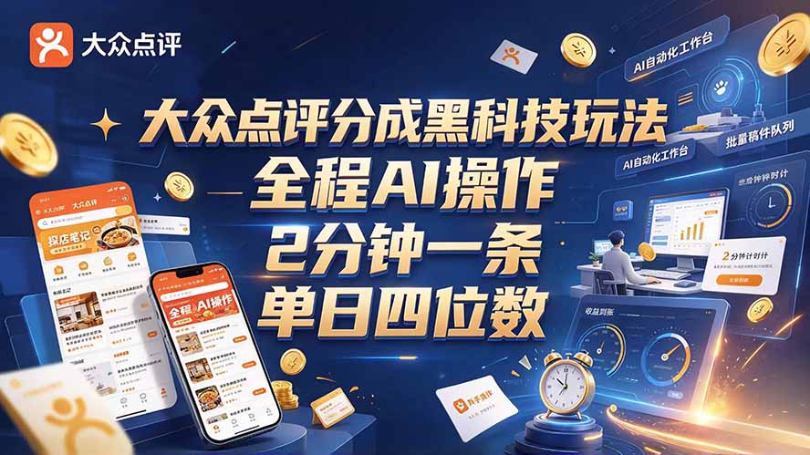 （21013期）大众点评分成全网独家玩法，AI 全自动出内容，2 分钟一条，小白可冲单日四位数瀚萌资源网-网赚网-网赚项目网-虚拟资源网-国学资源网-易学资源网-本站有全网最新网赚项目-易学课程资源-中医课程资源的在线下载网站！瀚萌资源网
