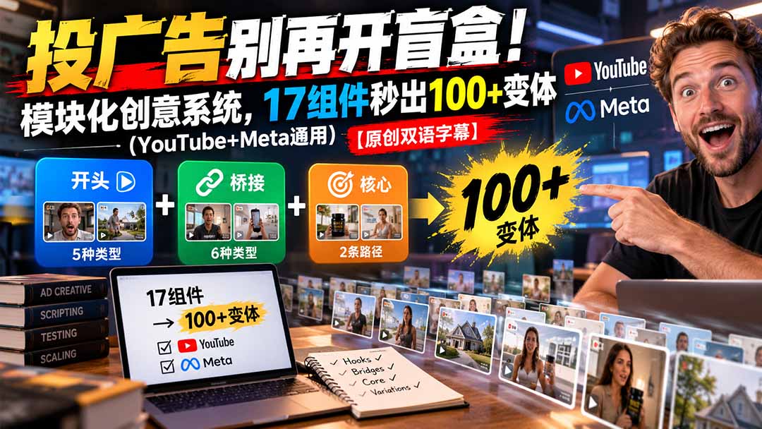 （20840期）投广告别再开盲盒！模块化创意系统，17组件秒出100+变体（YouTube+Meta通用）【原创双语字幕】瀚萌资源网-网赚网-网赚项目网-虚拟资源网-国学资源网-易学资源网-本站有全网最新网赚项目-易学课程资源-中医课程资源的在线下载网站！瀚萌资源网