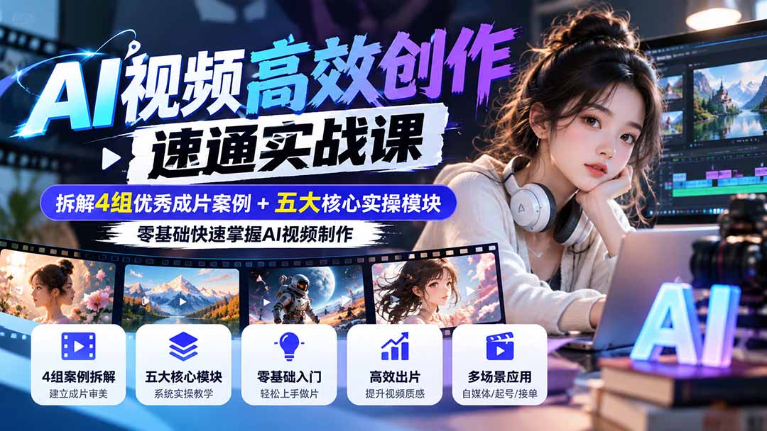 （20819期）【无水印】AI视频高效创作速通实战课：拆解4组优秀成片案例+五大核心实操模块，零基础快速掌握AI视频制作瀚萌资源网-网赚网-网赚项目网-虚拟资源网-国学资源网-易学资源网-本站有全网最新网赚项目-易学课程资源-中医课程资源的在线下载网站！瀚萌资源网