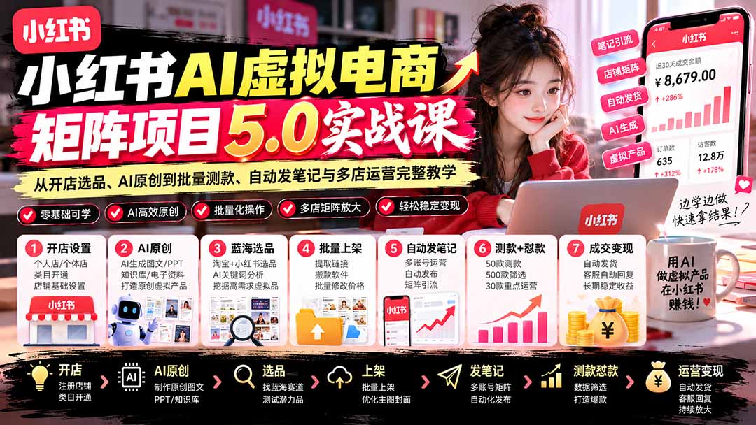（21273期）小红书AI虚拟电商矩阵5.0实战课：从开店选品、AI原创到批量测款、自动发笔记与多店运营完整教学瀚萌资源网-网赚网-网赚项目网-虚拟资源网-国学资源网-易学资源网-本站有全网最新网赚项目-易学课程资源-中医课程资源的在线下载网站！瀚萌资源网