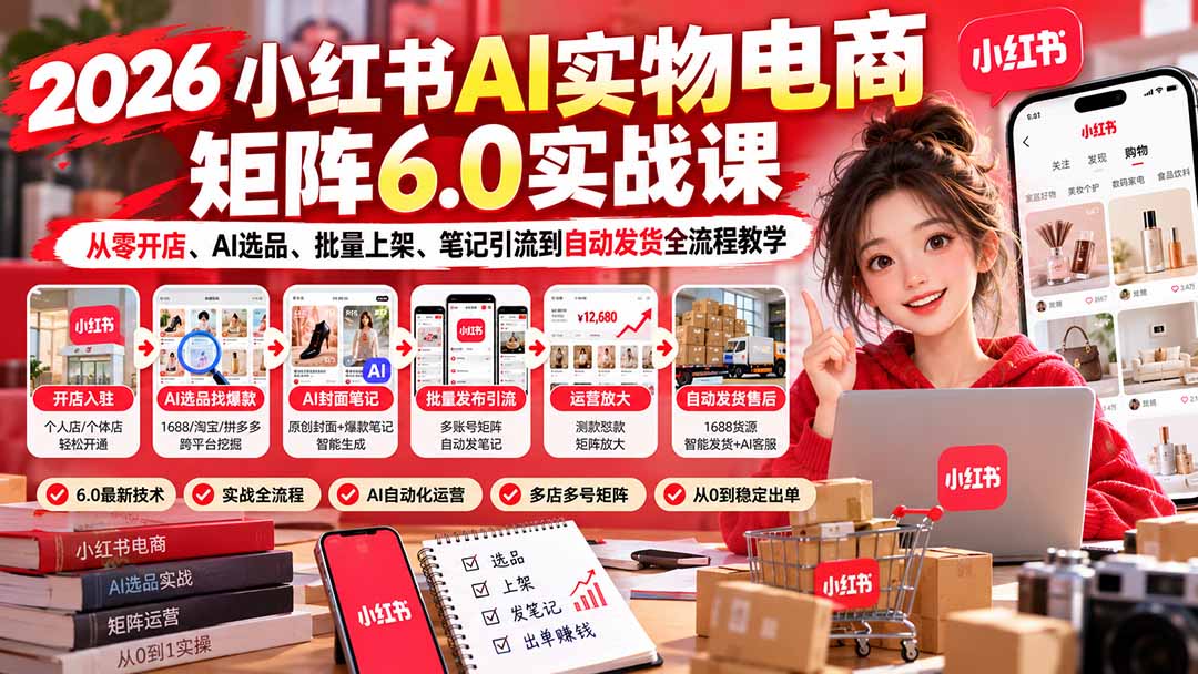 图片[1]瀚萌资源网-网赚网-网赚项目网-虚拟资源网-国学资源网-易学资源网-本站有全网最新网赚项目-易学课程资源-中医课程资源的在线下载网站！（21274期）2026小红书AI实物电商矩阵6.0实战课：从零开店、AI选品、批量上架、笔记引流到自动发货全流程教学瀚萌资源网-网赚网-网赚项目网-虚拟资源网-国学资源网-易学资源网-本站有全网最新网赚项目-易学课程资源-中医课程资源的在线下载网站！瀚萌资源网