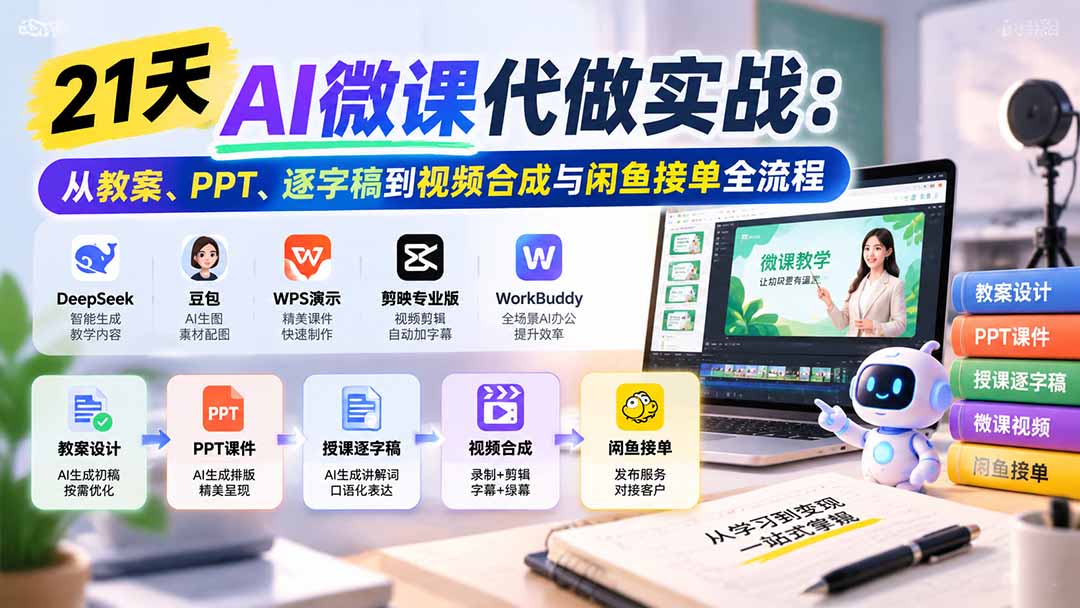 （21065期）21天AI微课代做实战：从教案、PPT、逐字稿到视频合成与闲鱼接单全流程瀚萌资源网-网赚网-网赚项目网-虚拟资源网-国学资源网-易学资源网-本站有全网最新网赚项目-易学课程资源-中医课程资源的在线下载网站！瀚萌资源网