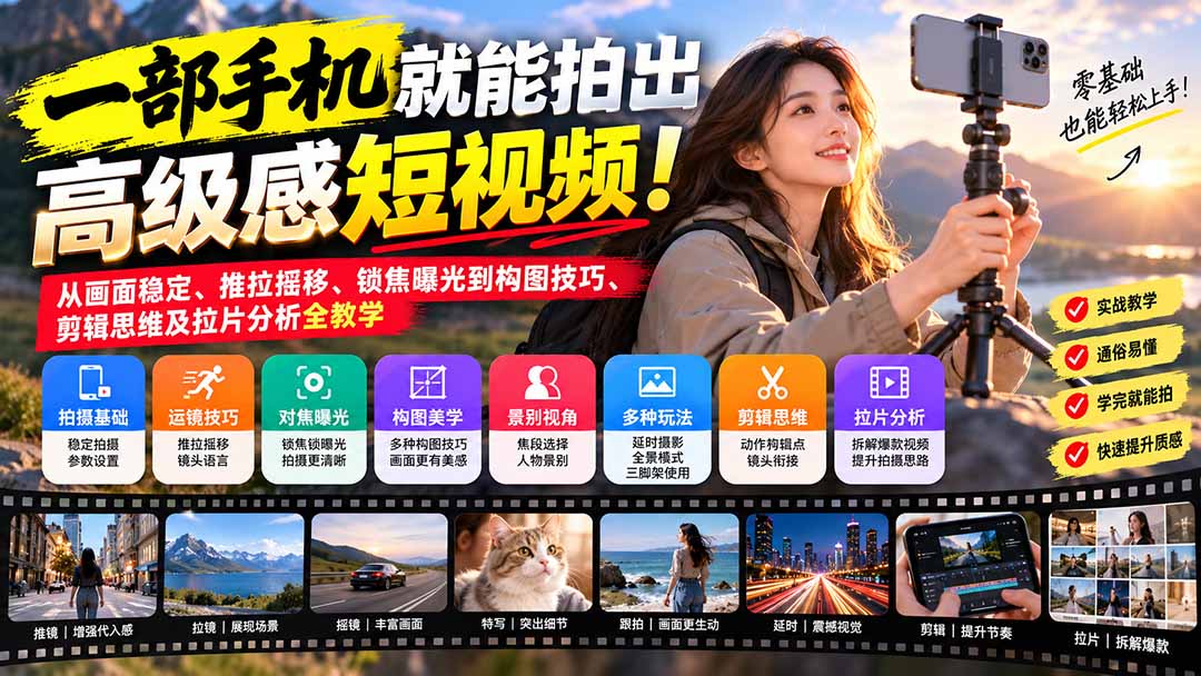 （21272期）一部手机就能拍出高级感短视频！从画面稳定、推拉摇移、锁焦曝光到构图技巧、剪辑思维及拉片分析全教学瀚萌资源网-网赚网-网赚项目网-虚拟资源网-国学资源网-易学资源网-本站有全网最新网赚项目-易学课程资源-中医课程资源的在线下载网站！瀚萌资源网