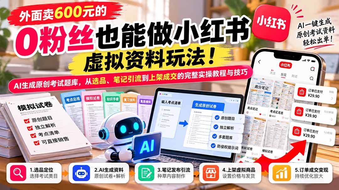 （21181期）外面卖600元的 零粉丝也能做小红书虚拟资料玩法！AI生成原创考试题库，从选品、笔记引流到上架成交的完整实操教程瀚萌资源网-网赚网-网赚项目网-虚拟资源网-国学资源网-易学资源网-本站有全网最新网赚项目-易学课程资源-中医课程资源的在线下载网站！瀚萌资源网