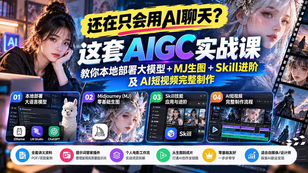 （21135期）【无水印】还在只会用AI聊天？这套AIGC实战课教你本地部署大模型+MJ生图+Skill进阶及AI短视频完整制作瀚萌资源网-网赚网-网赚项目网-虚拟资源网-国学资源网-易学资源网-本站有全网最新网赚项目-易学课程资源-中医课程资源的在线下载网站！瀚萌资源网